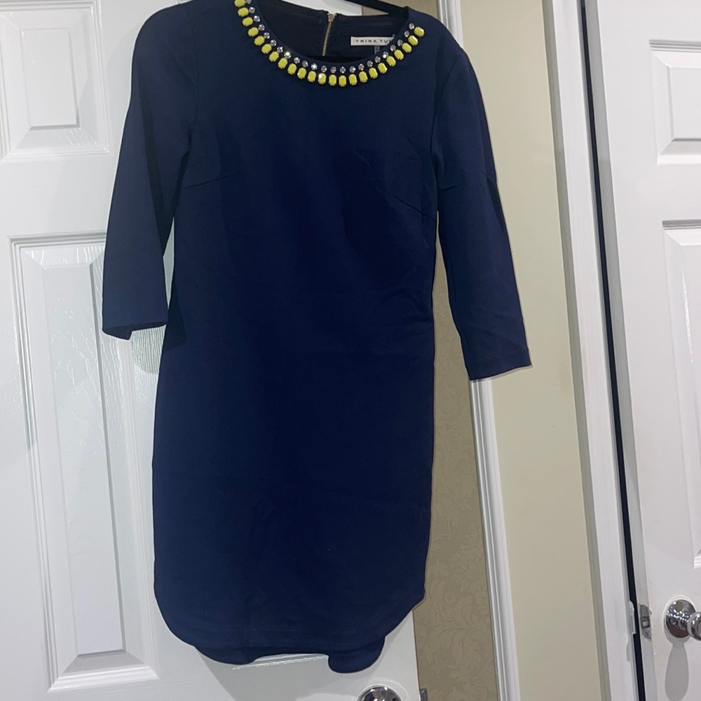 Trina Turk Body Con Dress in Navy Blue with Yellow and Silver Appliqué